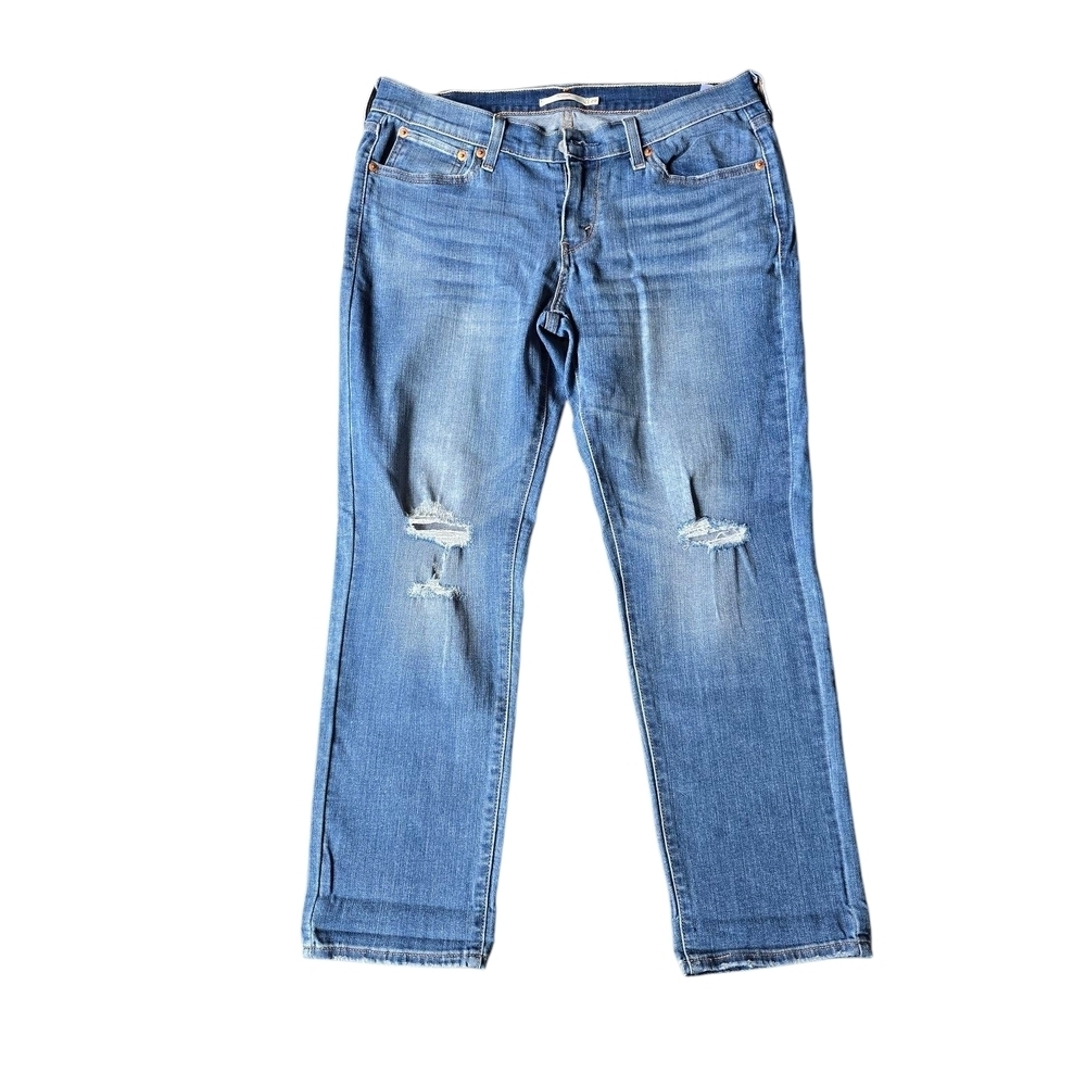 Levi's Blue Boyfriend Straight Leg Jeans with Distressed Details. Size 29